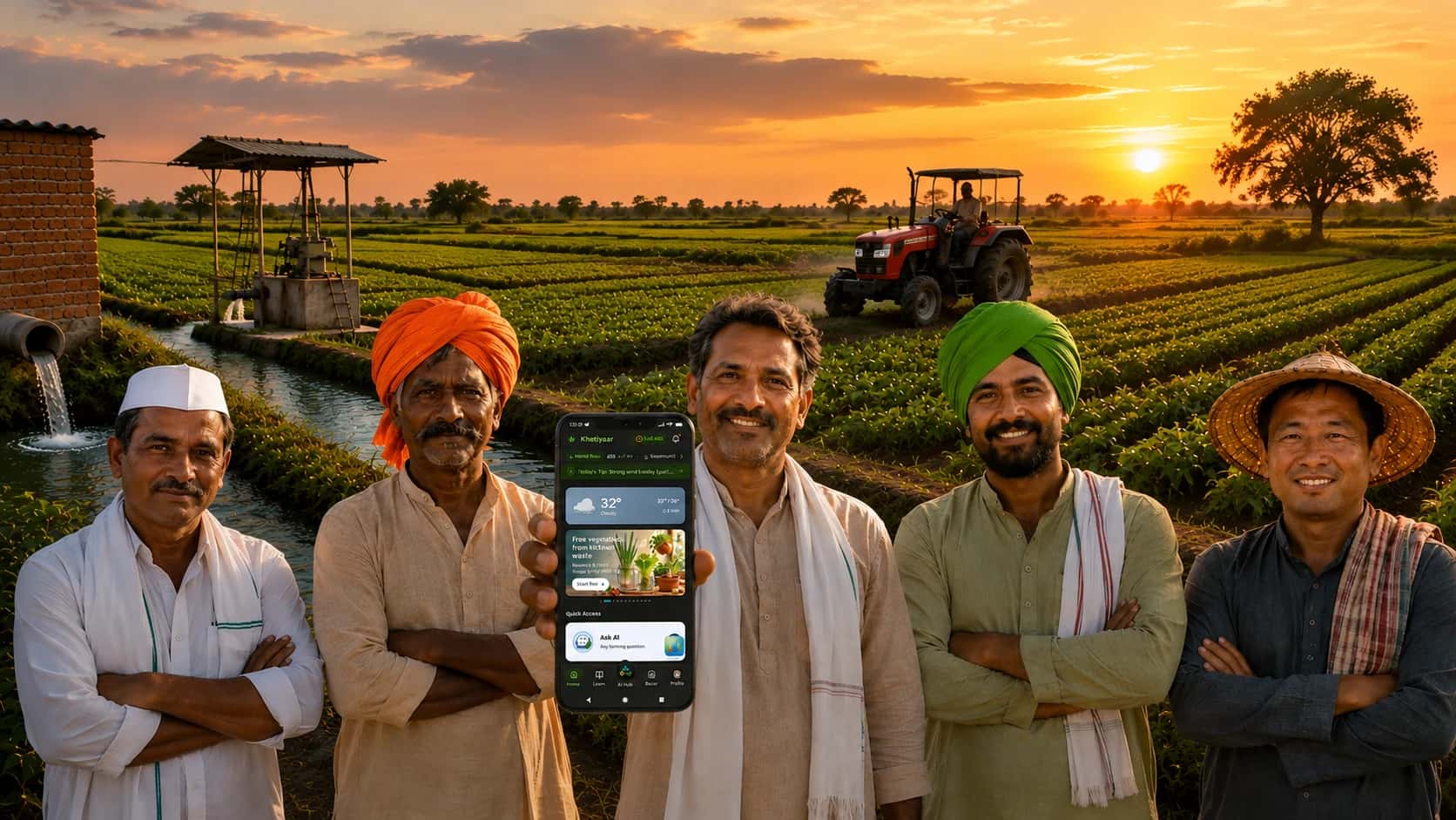 Indian farmers in a green field at sunset, one holding a phone with the Khetiyaar app open